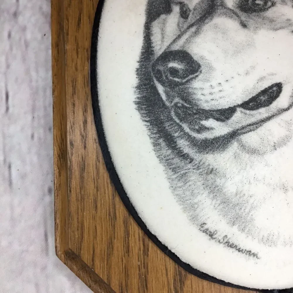 VTG Earl Sherwan‎ Dog Art Husky/Malamute Cultured-Ivory Engraving Plaque 7